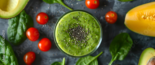 Top view photo of a green smoothie with chia seeds in a glass with decorated vegetables background. High-resolution
