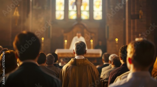 A priest delivering a sermon from the pulpit to a congregation of attentive listeners. 