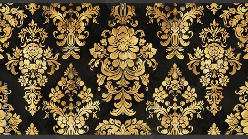 Regal Damask Craft a pattern inspired by traditional damask motifs, with intricate designs and floral patterns in gold overlaying a black background, evoking a sense of opulence and elegance