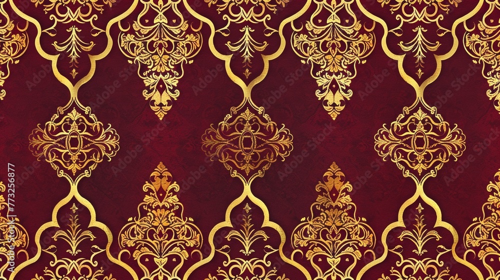 Eastern Opulence Create a pattern inspired by Middle Eastern architecture and design, with intricate patterns and motifs in gold on a vibrant red background