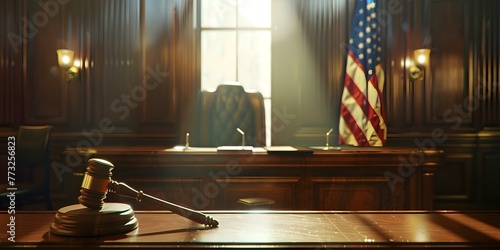 American courtroom with United States flag judges gavel symbolizing law and order in the legal system. Concept Legal System, American Courtroom, Judges Gavel, Law and Order, United States Flag photo