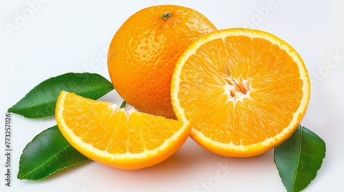 Cut Valecia orange fruit on a white background with green leaves.