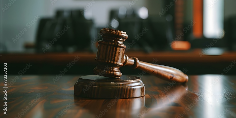 Photo of a judges gavel in a courtroom symbolizing authority and finalizing decisions in legal proceedings. Concept Legal proceedings, Authority symbol, Judges gavel, Courtroom, Decision finalization - obrazy, fototapety, plakaty 