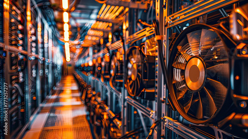 Cryptocurrency mining farm, rows of servers, industrial look with sidebar for text photo