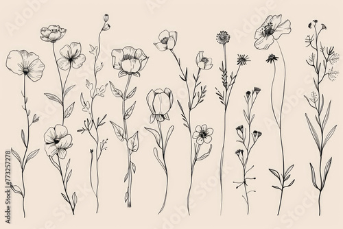 A series of black and white drawings of flowers. The flowers are arranged in a line, with some overlapping each other. Scene is serene and peaceful, as the flowers are depicted in a simple
