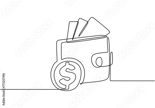 Single one continuous line drawing of dollar coin and big wallet