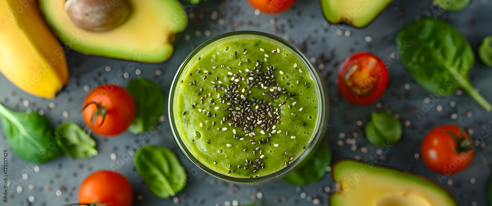 A top view of a green smoothie surrounded by fruits and vegetables. High quality A top view of a green smoothie surrounded by fruits and vegetables. High quality