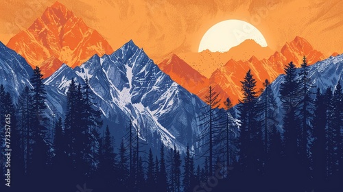 Mountain Sunset Majesty Craft a pattern featuring a sunset behind majestic mountains, with snowcapped peaks and alpine forests Add elements like hiking trails, mountain cabins