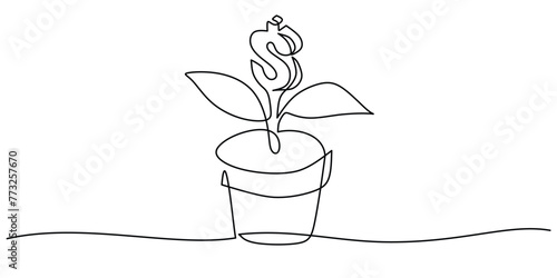 Continuous one line drawing hand with money plant in pot.