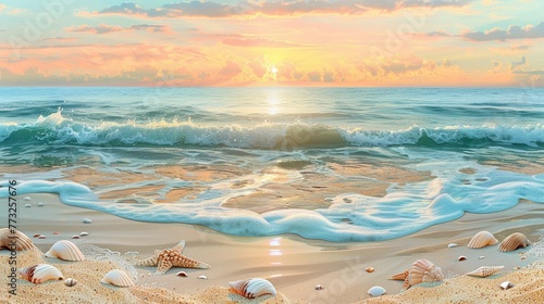 Beach Sunset Serenity Create a pattern showcasing a sunset over the ocean, with waves gently crashing against the shore Include beach umbrellas, seashells, and sand dunes for a tranquil beach scene 