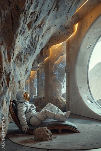 A captivating 3D portrayal of a rest area set on a lunar base, where astronauts can relax while gazing at galaxies, with the aid of advanced audio equipment for deep space sounds photo