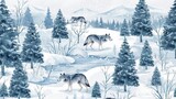 Winter Wolf Pack Craft a pattern showcasing a pack of wolves traversing a snowy landscape Include details such as snow covered trees, icy rivers, and frosty breath to convey the chill of winter 