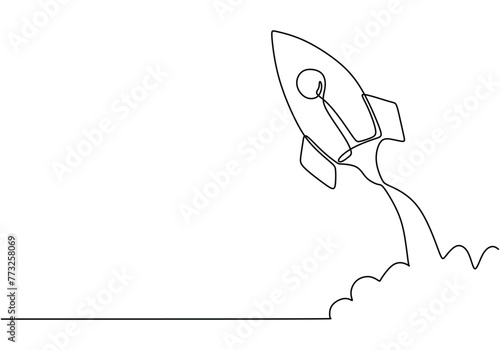 One continuous line drawing of Rocket space ship launch into universe