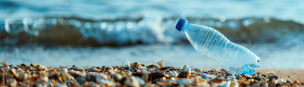 Close-up of a single use plastic bottle on the shore, a reminder of ocean pollution, text overlay Close-up of a single use plastic bottle on the shore, a reminder of ocean pollution, text overlay