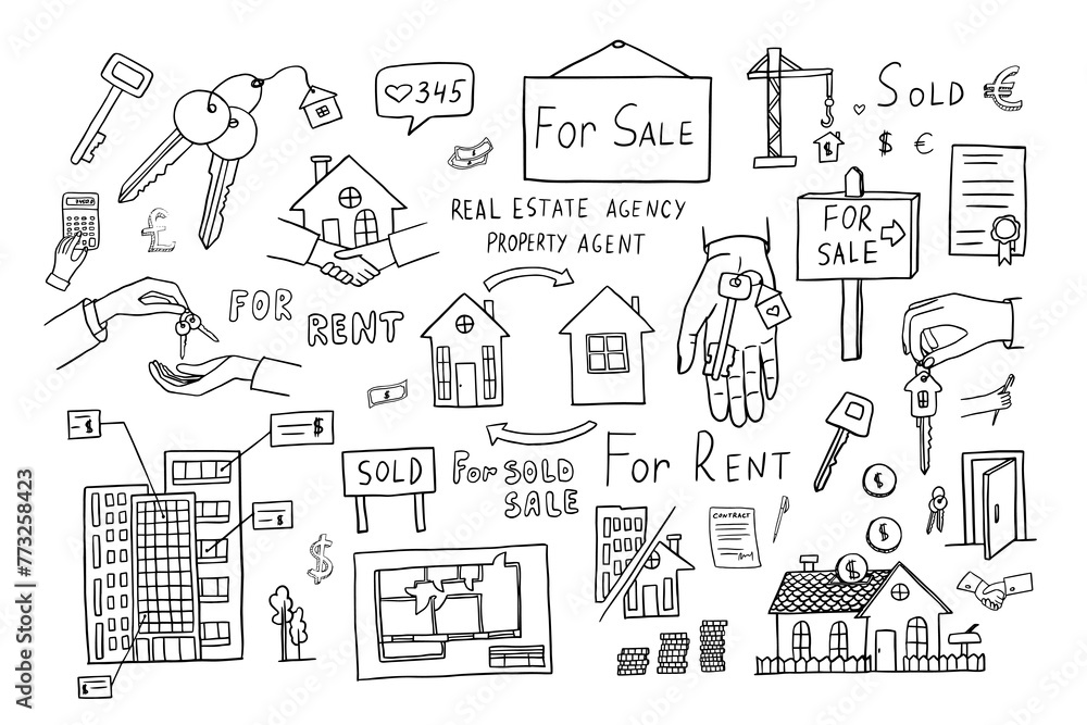 Set of real estate theme in doodle style. For rent, for sale, for sold, property agent, property agency, house keys, deal, contract. Good for banner, posters, cards, professional design. Hand drawn Set of real estate theme in doodle style. For rent, for sale, for sold, property agent, property agency, house keys, deal, contract. Good for banner, posters, cards, professional design. Hand drawn