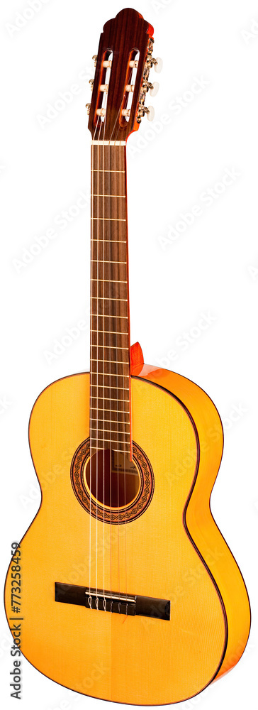 Obraz premium Classical Spanish flamenco guitar close up, dramatically lit isolated on white background with copy space.