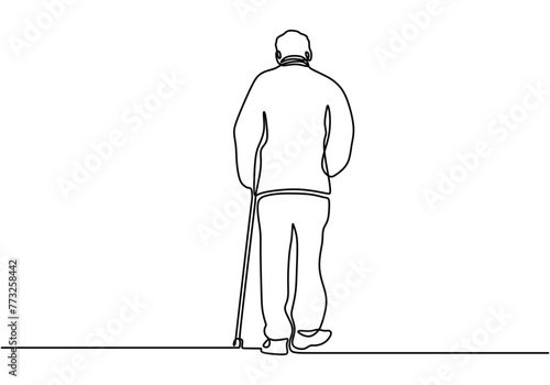 Old man walking with a cane in one continuous single line drawing.