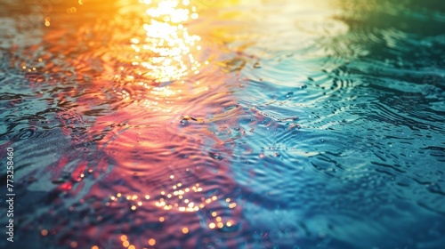 Water texture with light reflection and rainbow rays  creating a beautiful overlay on a white background.