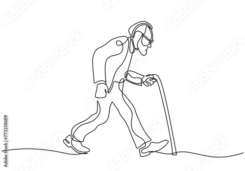 Old man walking with a cane in one continuous single line drawing.