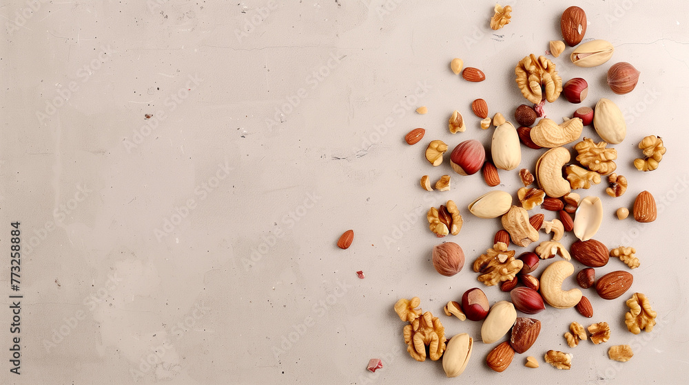 Background with nuts on a table, top view.
Background with nuts on a table, top view.