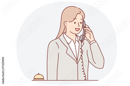 Receptionist woman talking on phone answering customer call with request to send maid or waiter