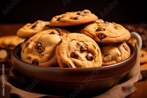 Delicious chocolate chip cookies in a clay dish against a kraft paper background photo