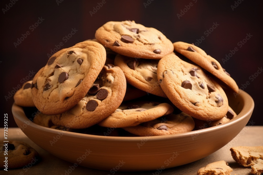 Delicious chocolate chip cookies in a clay dish against a kraft paper background Delicious chocolate chip cookies in a clay dish against a kraft paper background