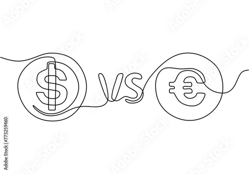 Continuous one line drawing of dollars versus euro monetary