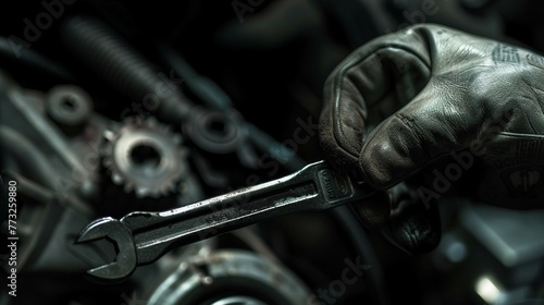 Precision Tools Detail shot of a young mechanics hand holding a wrench or socket wrench, with the tool poised to tighten a bolt or nut 