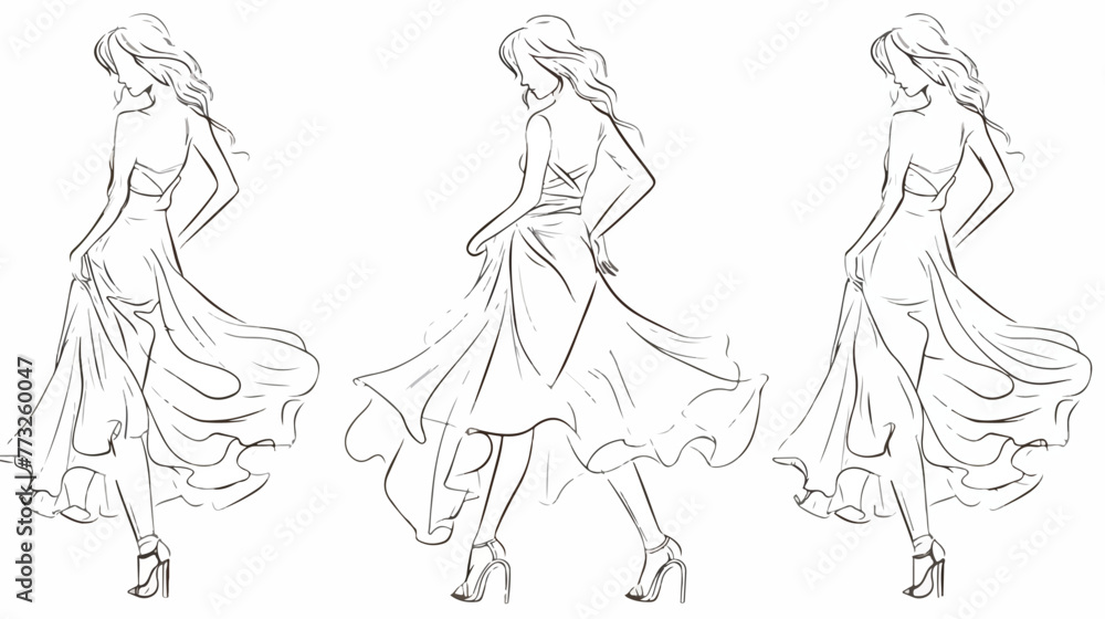 Graceful young women in fitting dress hand drawing ve