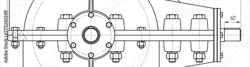 Assembly drawing of reducer.
Vector drawing of steel mechanical device with shaft, gear, 
bolted connection and dimension lines.
Engineering cad scheme. Technical template. Cross section.