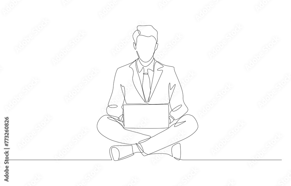 Continuous one line drawing of businessman working with laptop on the floor, business concept, single line art. Continuous one line drawing of businessman working with laptop on the floor, business concept, single line art.