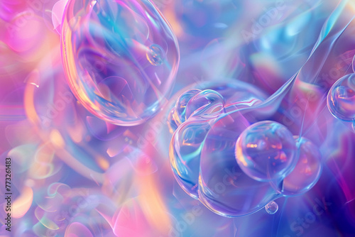 Abstract holographic world, where 3D shapes merge with soft pastel lights, creating a visually captivating experience.