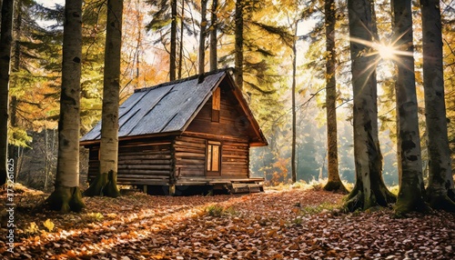 old wooden house in autumn forest, A rustic wooden cabin nestled in a tranquil forest clearing, tall trees and a carpet of fallen leaves.
