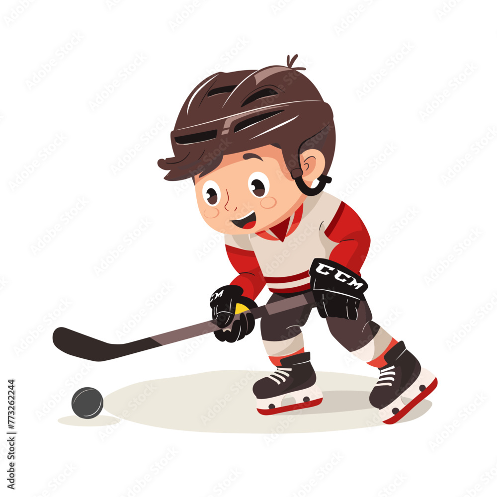 Fototapeta premium Cute little boy playing hockey, cartoon vector illustration isolated on white background.