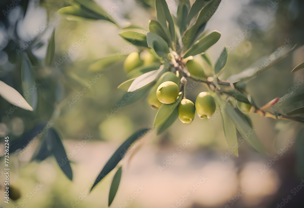 Green olives hanging on a branch with leaves, blurred background, Mediterranean agriculture concept. Green olives hanging on a branch with leaves, blurred background, Mediterranean agriculture concept.