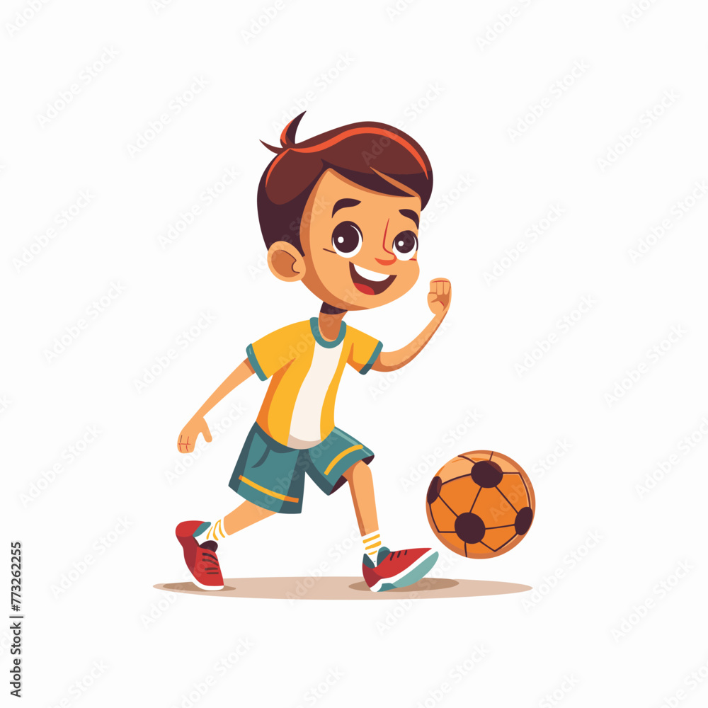 Cute little boy playing soccer, cartoon vector illustration isolated on white background.