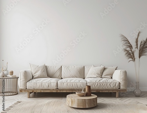 Empty white wall mockup in a scandinavian interior design style of a modern living room with a sofa and coffee table, 3D rendering stock photo