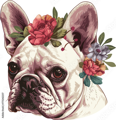 Adorable French bulldog with Floral flowers Vector Illustration frenchie