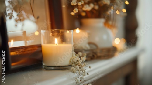 A close-up of a christening candle displayed on a mantle or shelf as a keepsake after the ceremony.  photo