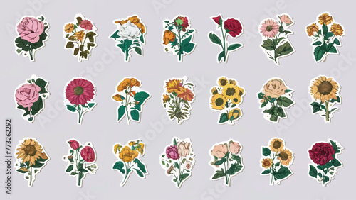 Floral Elegance  A Collection of Vibrant Stickers Illustrating Various Flower Species against a Minimalist White Backdrop