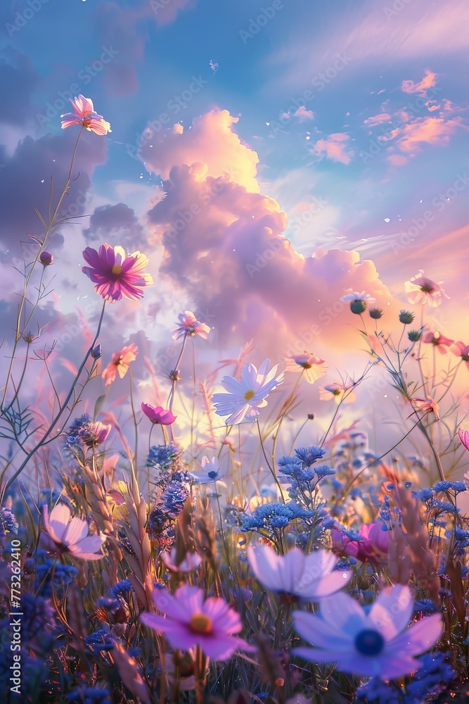 Field of Flowers Beneath Cloudy Sky