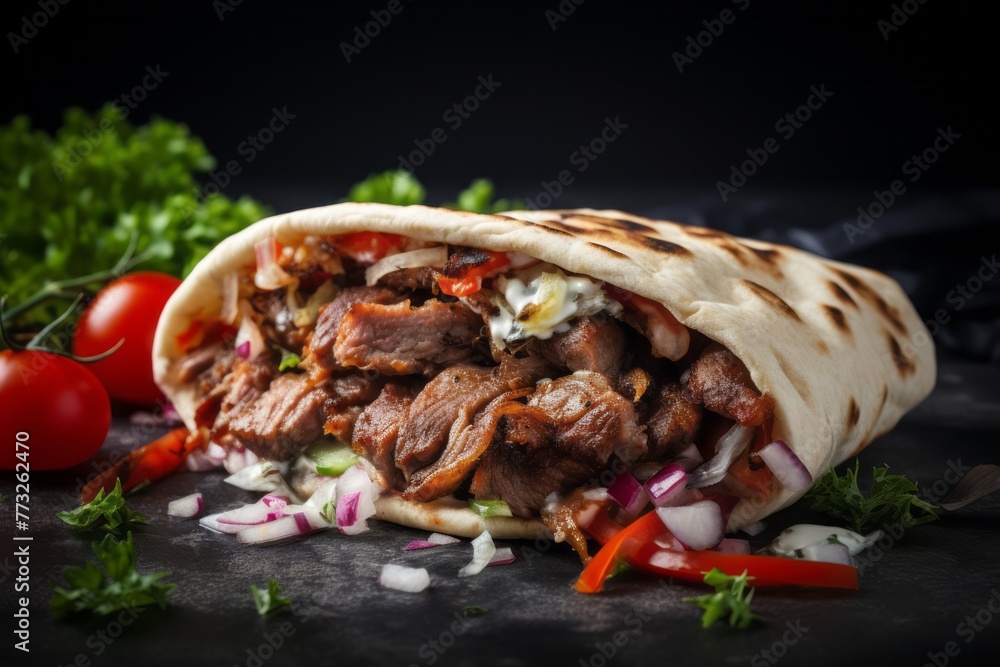 Hearty doner kebab on a ceramic tile against an aged metal background Hearty doner kebab on a ceramic tile against an aged metal background