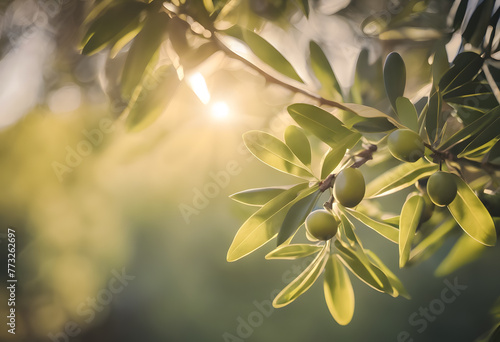 Sunlight filtering through olive tree branches with green olives and leaves  warm natural background.