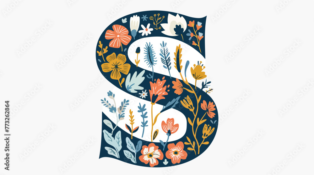 Hand drawn letter S. Floral decorative typography. flat