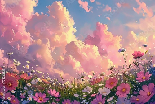 Field of Flowers Under Cloudy Sky