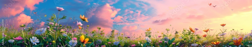 Blooming Field Under Cloudy Sky