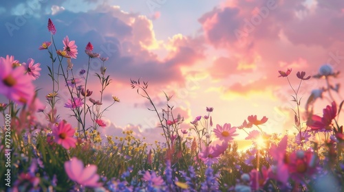 Purple and pink flowers in cloudy field