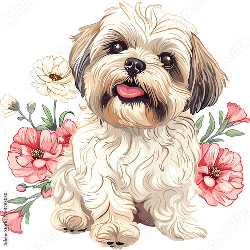 Vintage Adorable Dog Shi-Zhu with Floral flowers Vector Illustration