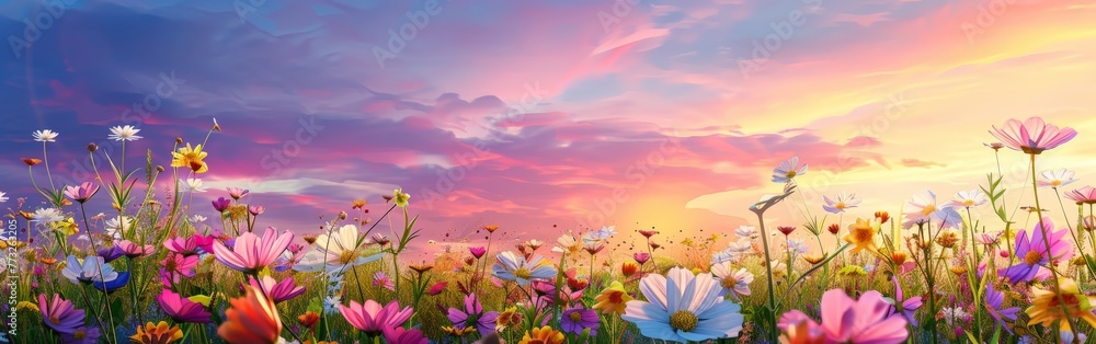 Colorful Flowers in Field Under Cloudy Sky